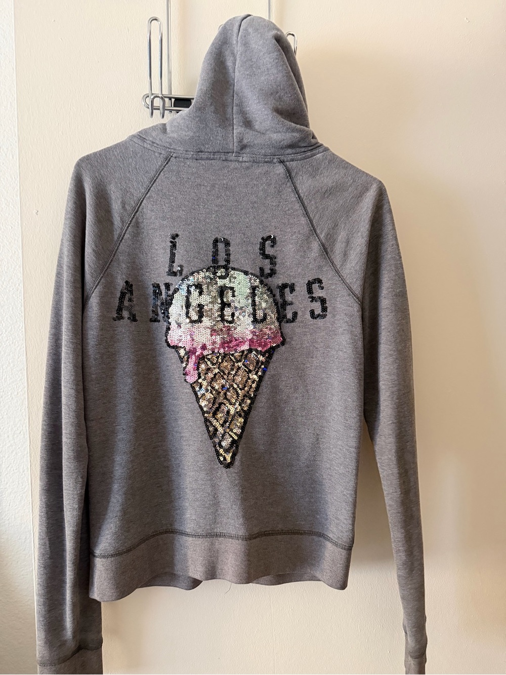 Gray Hooded Sequin Ice Cream Graphic Sweatshirt - Los Angeles PINK